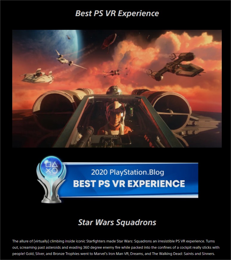 Star Wars: Squadrons has won Sony PlayStation's Best PS VR Experience! So proud of this team! #StarWarsSquadrons