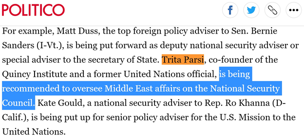 THREAD1)“Progressives line up their own national security recruits for Biden,” according to Politico.The list includes  @tparsi, a known  #Iran lobbyist who has very close ties with Tehran’s senior officials & a history of exchanging emails with Iran's chief apologist  @JZarif.