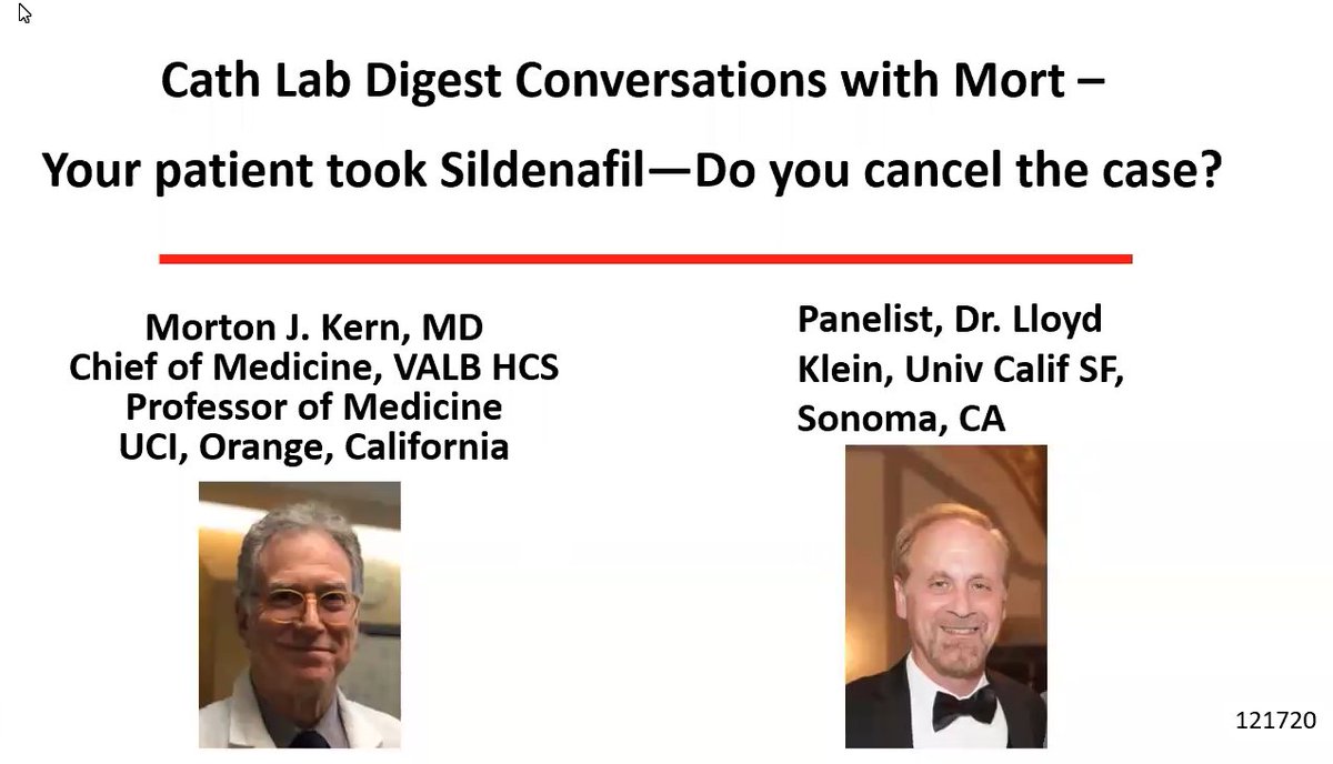 Watch/Listen: 
Your Patient Took Sildenafil Last Night. Should You Cancel the Cardiac Catheterization This Morning? 
A 30-min Clinical Editor's Corner Live with Dr. Mort Kern and Dr. Lloyd Klein
cathlabdigest.com/multimedia/you… @drmortkern <a href="/LloydKlein10/">Lloyd Klein</a> <a href="/InvasiveCardiol/">Journal of Invasive Cardiology</a> #cardiotwitter
