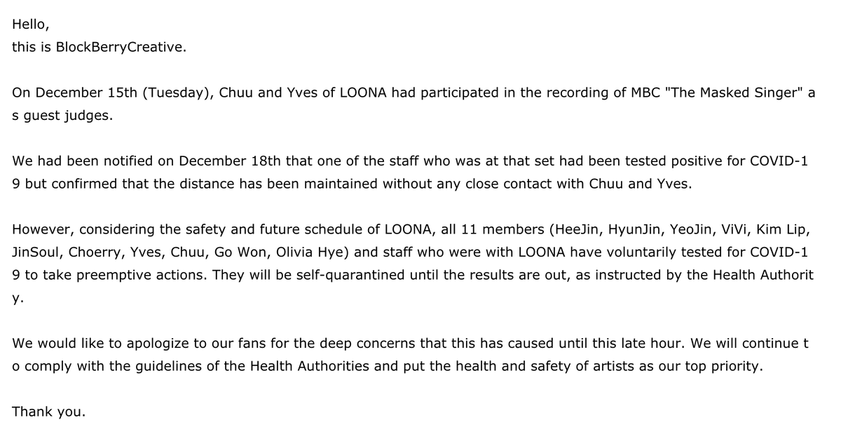 orrery_nim's tweet photo. BBC update about King of Masked Singer recording (Yves and Chuu) - an MBC staff member who was present htere 
tested positive for COVID19.

Translation straight from the fancafe post:
https://t.co/3eZnjHoyr7 https://t.co/cnE69hbt9J
