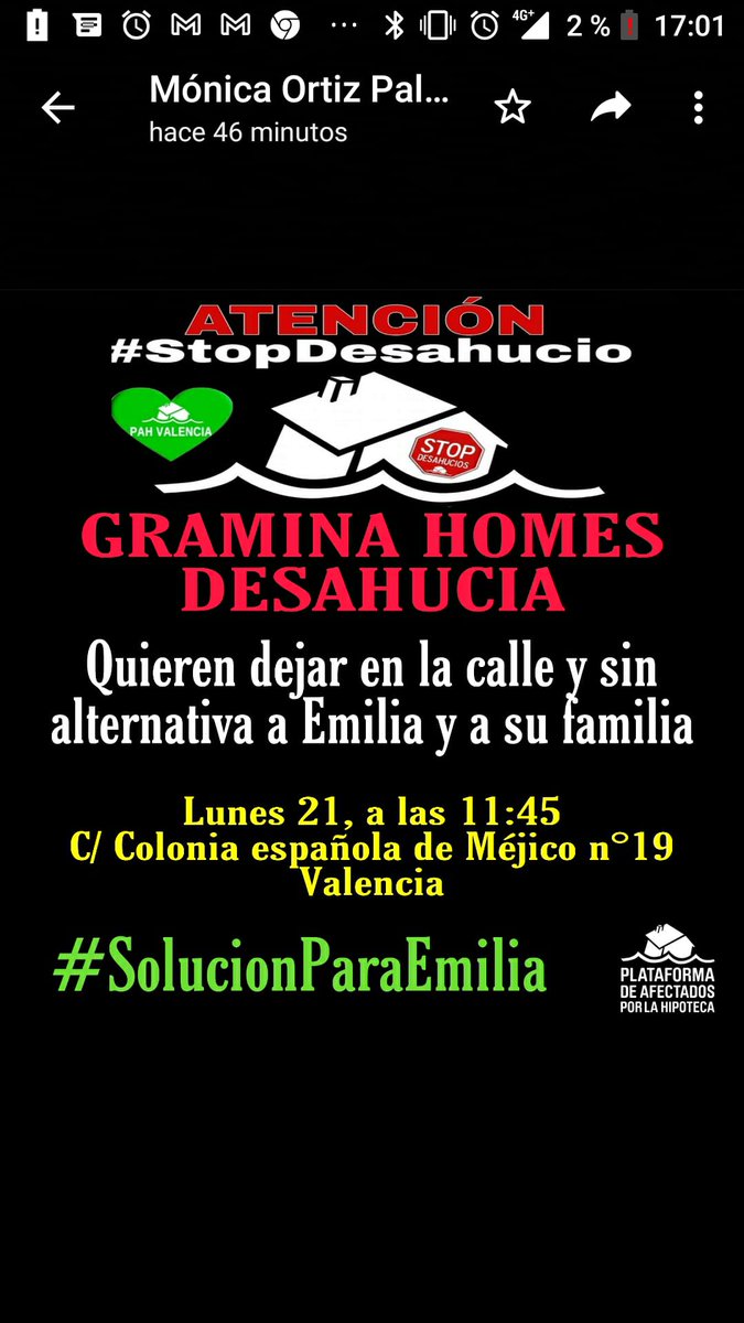 .<a href="/PAH_Valencia/">PAH Valencia</a> 
Otro desahucio más!! ¿Cuándo van a dar solución a las miles de familias que no tienen una alternativa habitacional?
<a href="/LA_PAH/">Plataforma de Afectadas por la Hipoteca</a> @EntreBarris @PsFvalencianes <a href="/Pladexoc_PV/">Pla de xoc Social - País Valencià</a>