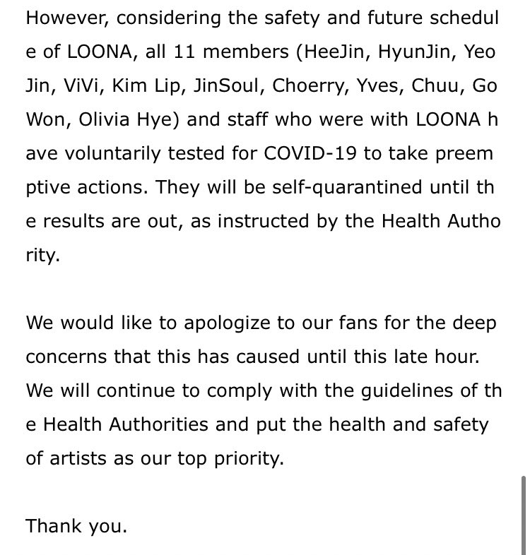 [FANCAFE] 201219 #LOONA fancafe update 

#LOONA members and staff will self quarantine until test results are out

🔗 m.cafe.daum.net/loonatheworld/…

<a href="/loonatheworld/">이달의 소녀(LOOΠΔ)</a> #이달의소녀