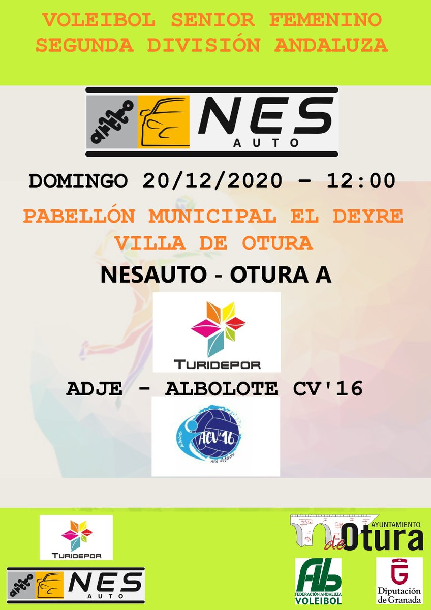 Turidepor's tweet photo. Próximos encuentros: 
@voleycartama
 contra NESAUTO - OTURA (primera andaluza), NESAUTO - OTURA B 
@ADJE_Oficial
; NESAUTO - OTURA A 
@GranaVoley
,  síguenos en:  https://t.co/1HRzYGTRXj ; https://t.co/v7KiYrEtif ; https://t.co/UJgCYwZ5dB ; https://t.co/I7h5IfHUdf https://t.co/4KboGm7Y9F