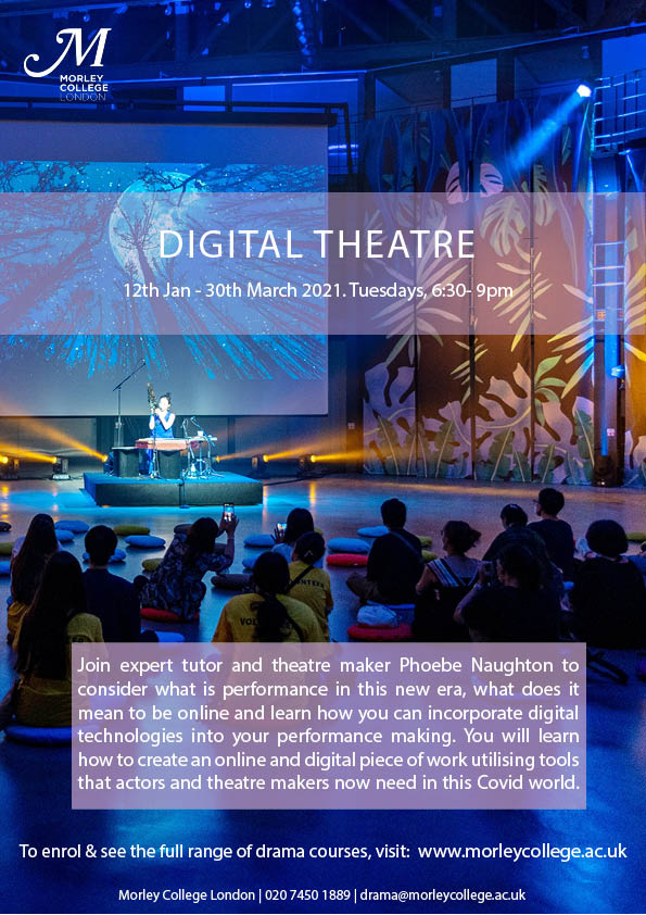 morleydrama's tweet photo. Being able to create digital content is a key skill today, join the brilliant Phoebe Naughton from @GruffTheatre this January to learn Digital Theatre. Secure your place now on our website @morleycollege https://t.co/wGKlF6NGtV