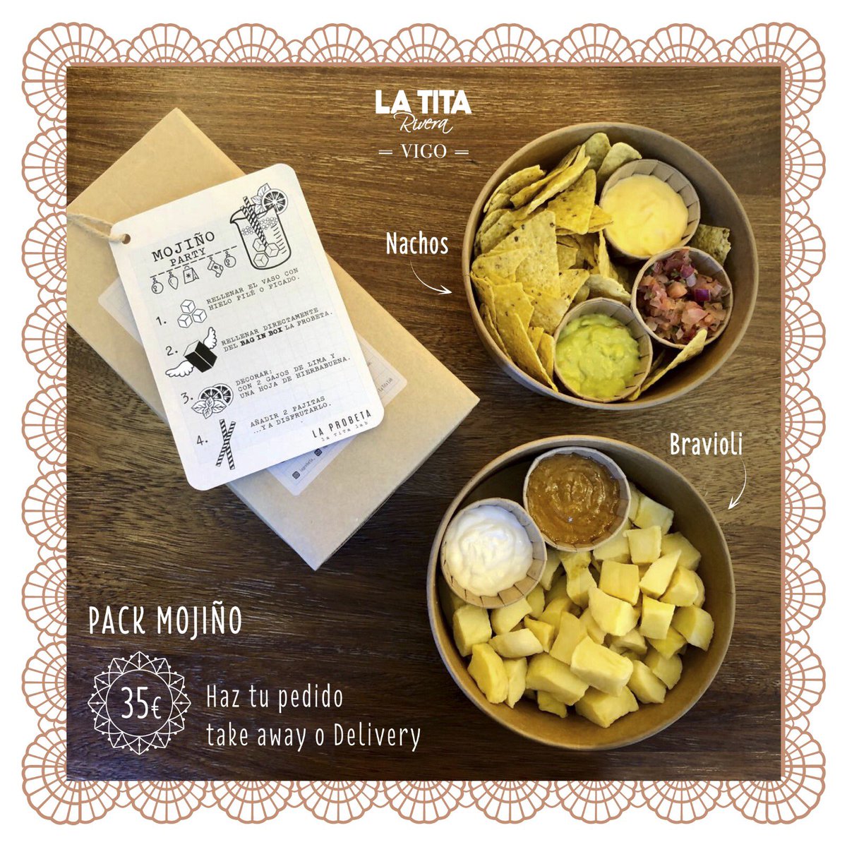 Hoy hace día de pedir nuestro #PackMojiño. ¡Te lo damos todo preparado! Bag in box para servirte directamente el Mojiño de la nevera, nuestras braviolis y los nachos para picar mientras estáis en casa. Recógelo en @latitariveravigo o pídelo con <a href="/glovo_es/">Glovo</a> y <a href="/justeat_es/">JUST EAT España</a>.