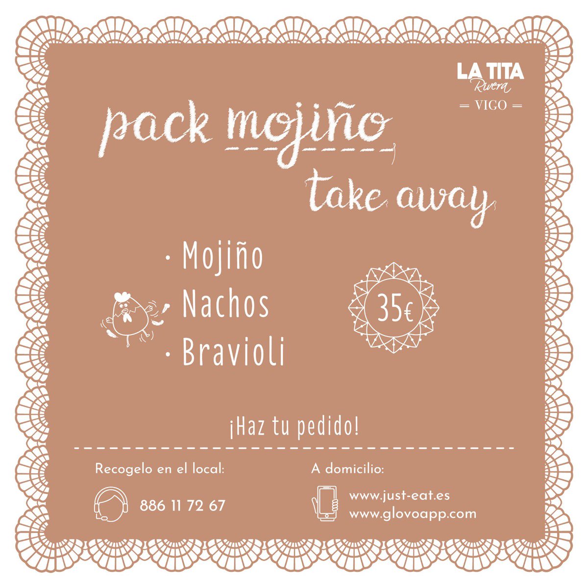LaTitaVigo's tweet photo. Hoy hace día de pedir nuestro #PackMojiño. ¡Te lo damos todo preparado! Bag in box para servirte directamente el Mojiño de la nevera, nuestras braviolis y los nachos para picar mientras estáis en casa. Recógelo en @latitariveravigo o pídelo con @glovo_es y @justeat_es. https://t.co/pWUWphv5Oe