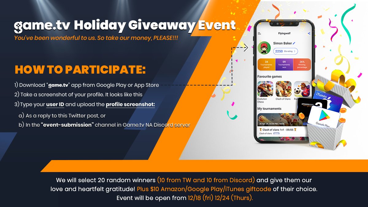gametvna's tweet photo. https://t.co/ePl6FXf6zk HOLIDAY GIVEAWAY EVENT!🎄
To enter, make sure to
1. Follow 
2. Retweet 
3. Reply to this post with your user ID and a screenshot of your profile and tag 3 friends
We will select 10 random winners🌟
Good Luck and HAPPY HOLIDAYS 🎅 https://t.co/6Iqr6dAVGw