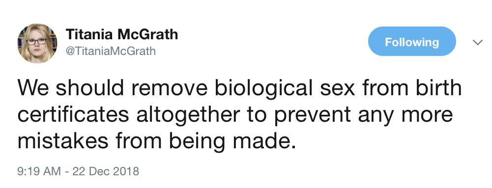 TITANIA’S PREDICTIONS(part 1)On 22 December 2018, I called for biological sex to be removed from birth certificates.On 17 December 2020, the New England Journal of Medicine concurred.