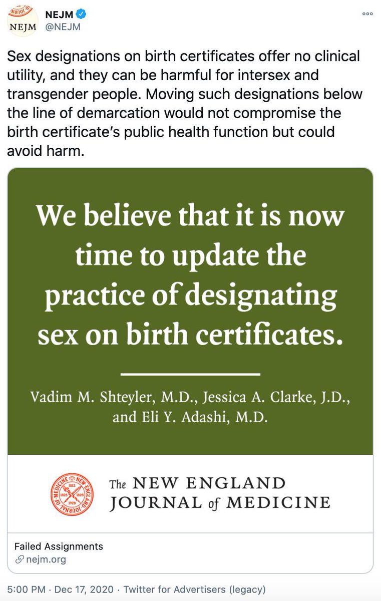 TITANIA’S PREDICTIONS(part 1)On 22 December 2018, I called for biological sex to be removed from birth certificates.On 17 December 2020, the New England Journal of Medicine concurred.