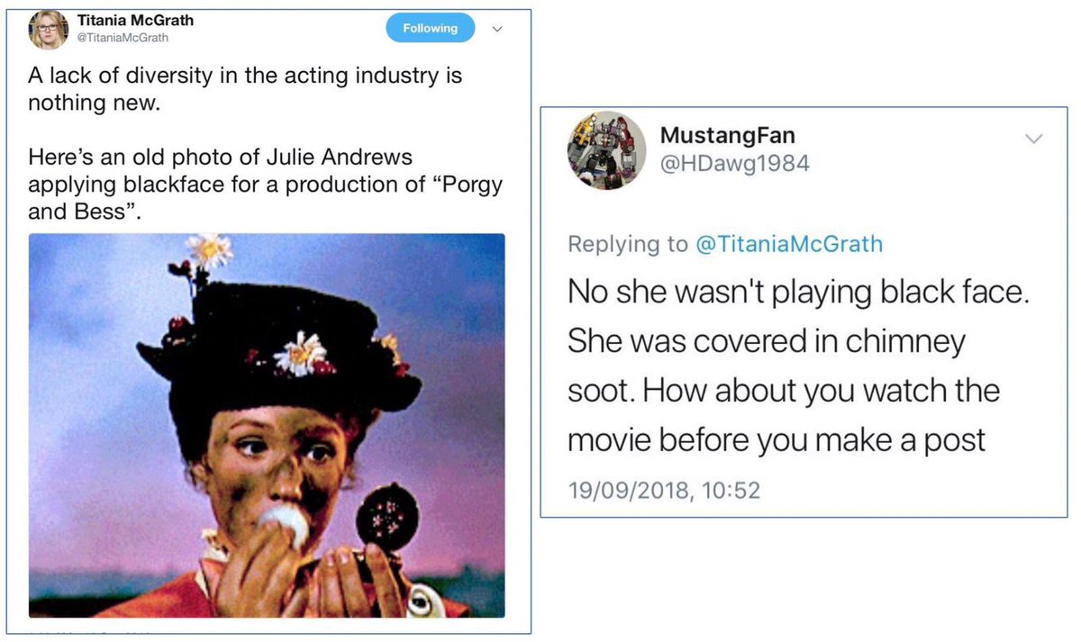 TITANIA’S PREDICTIONS(part 3)On 19 September 2018, I criticised Julie Andrews (aka Mary Poppins) for chimney soot blackface. On 28 January 2019, the New York Times concurred.