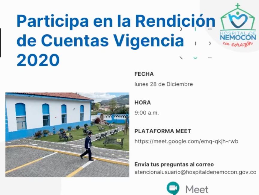 El #HospitalConCorazón te invita a participar de la Rendición de Cuentas Vigencia 2020, este 28 de diciembre. Transmisión por por la plataforma Meet.
Link: meet.google.com/emq-qkjh-rwb
Si quiere enviarnos alguna pregunta al correo atencionalusuario@hospitaldenemocon.gov.co