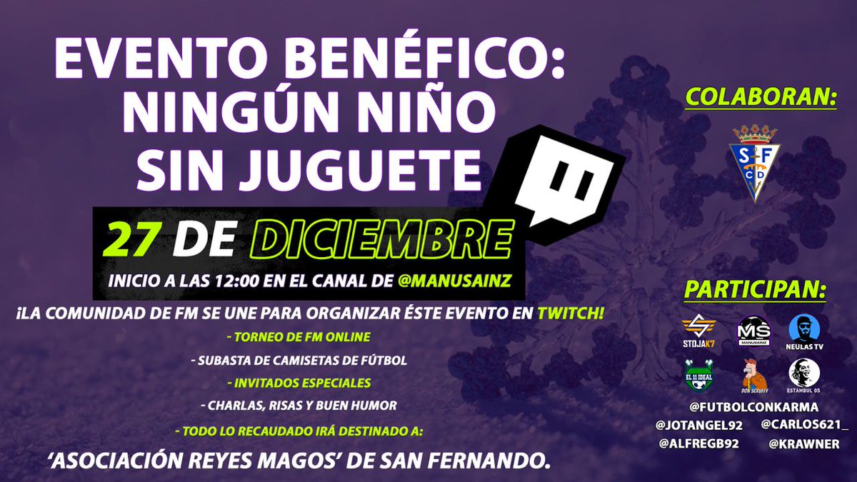 🎮 El #SanFernandoCD, colaborador del evento benéfico 'Ningún niño sin juguete' organizado por <a href="/ManuSainz76/">Manu Sainz</a> y cuyos beneficios irán para la Asociación Reyes Magos de #SanFernando. ¡No te lo pierdas!

#NingúnNiñoSinJuguete
