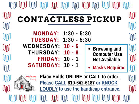 ArdmoreLibrary's tweet image. We are back to Contactless Pickup only. We will re-evaluate in mid-January. Please call the library if you have any questions.