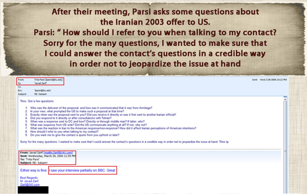 8)A court hearing shed light on emails from 2006 between Parsi & Zarif, then Iran’s ambassador to the UN.Parsi even described himself as: “Few analysts in Washington have the access of Dr. Parsi to decision makers in Iran.” http://www.iraniansforum.com/index.php/factbook/384-parsi-and-zarif.html (And more)
