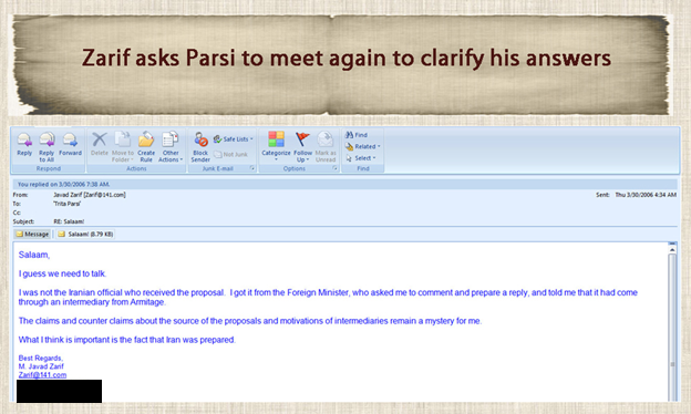 8)A court hearing shed light on emails from 2006 between Parsi & Zarif, then Iran’s ambassador to the UN.Parsi even described himself as: “Few analysts in Washington have the access of Dr. Parsi to decision makers in Iran.” http://www.iraniansforum.com/index.php/factbook/384-parsi-and-zarif.html (And more)