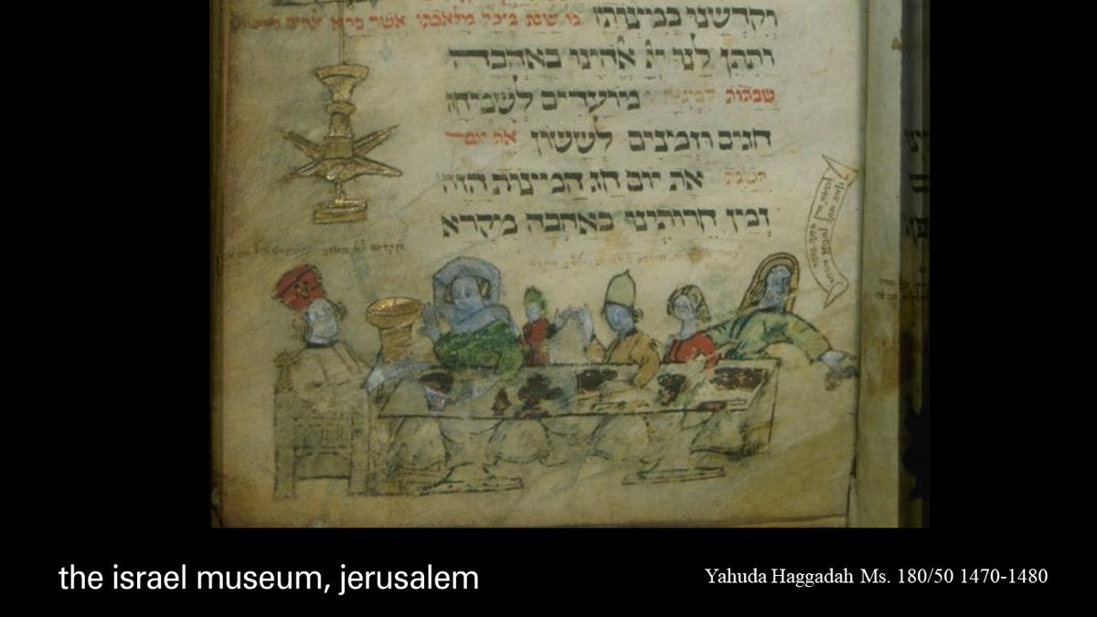 Also from the 15th century are depictions in illuminated  #Haggadah manuscripts, showing the star-shaped  #lamps over  #Passover  #Seder settings  #SocAntiquaries 10/