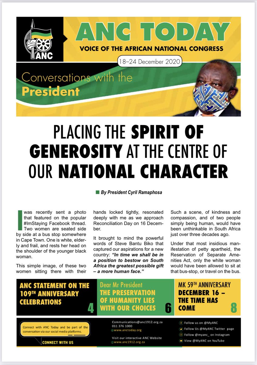 MYANC's tweet photo. ANC TODAY
Voice of the African National Congress
18-24 December 2020
#COVID_19 #CoronavirusInSA and please #StaySafe #ProtectYourself #DefendEachother #LetsDoItTogether #ANC109 #ANCLimpopo109 https://t.co/AdMXCL23xW