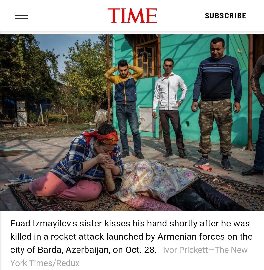From TIME's Top 100 Photos of 2020... Barda,Azerbaijan after rocket attack launched by #agressorArmenia ... #KarabakhisAzerbaijan #PrayForBarda #ArmeniaKillsCivilians @TIME