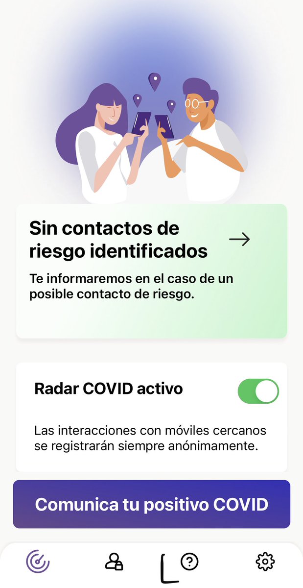 Llevo muchas semanas con el Radarcovid instalado, cruzándome con miles y miles de personas cada día y estando en hospitales con pacientes Covid y nunca he recibido un aviso. ¿Y tú has recibido algún ⚠️ aviso en el RadarCovid?

MeGusta ❤️ = Sí
Retuit 🔁 = No 

🗣 Coméntanos