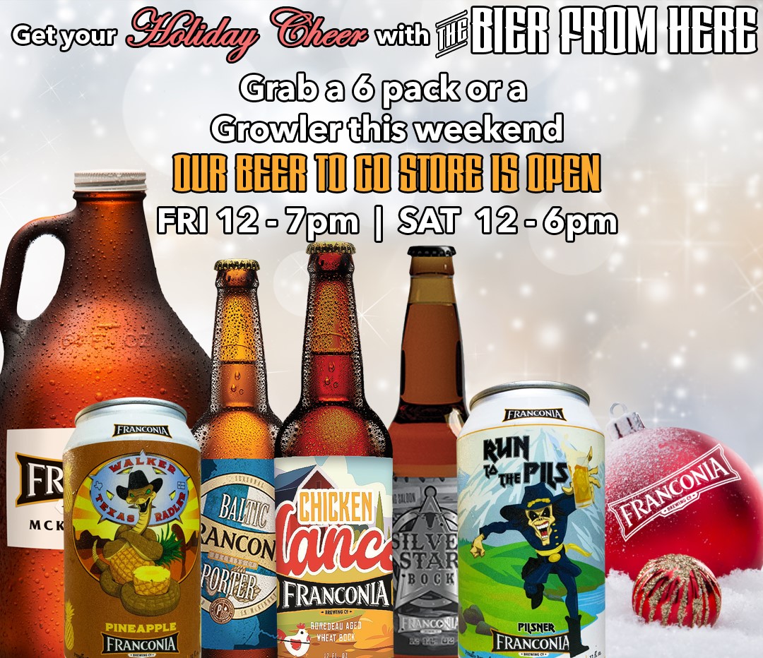 Get your Holiday Cheer with The Bier From Here 🍻🍻🍻 🍻🍻🍻.

Come grab a 6 pack or a Growler this weekend.

👉 Beer 2 Go Store is Open Fri 12 - 7pm &amp; Sat from 12 - 6pm
