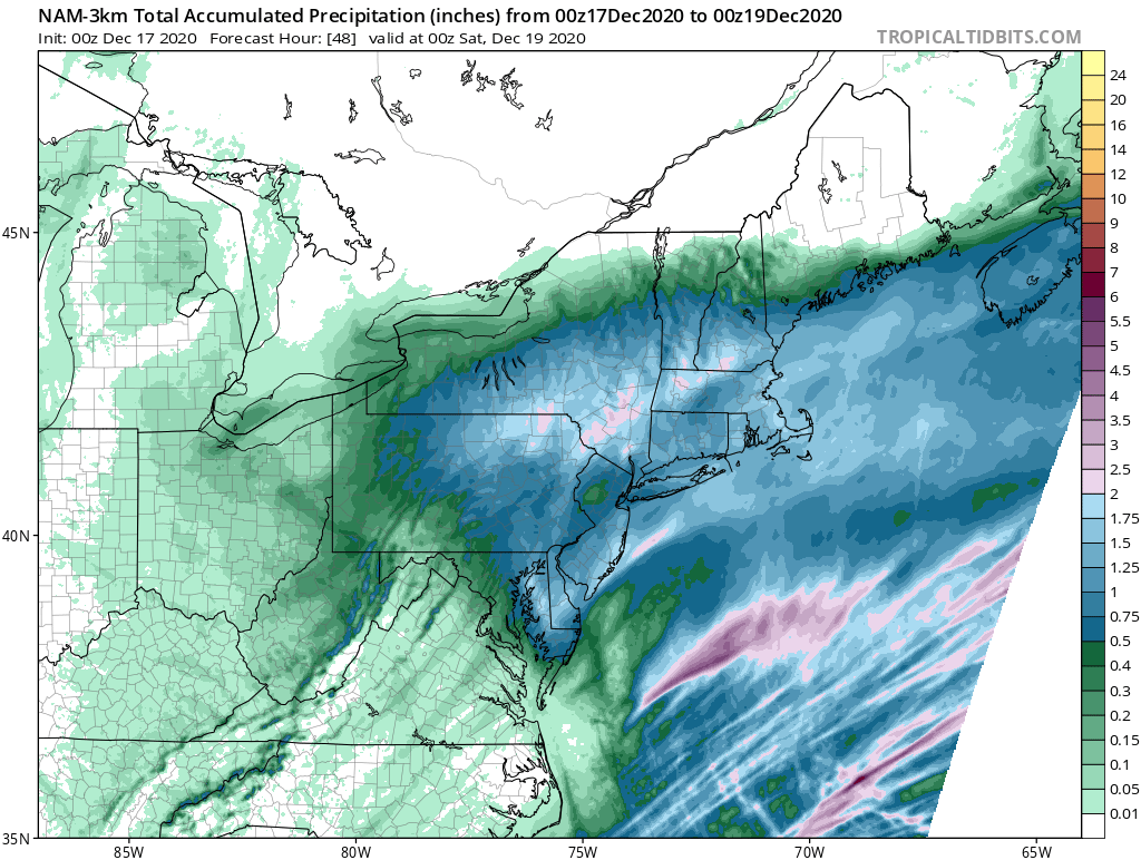 The forecast QPF by mesoscale models was generally better. Pictured below is the 00Z 17 December NAM run, showing a solid 0.5-1" of QPF in southern Maine.