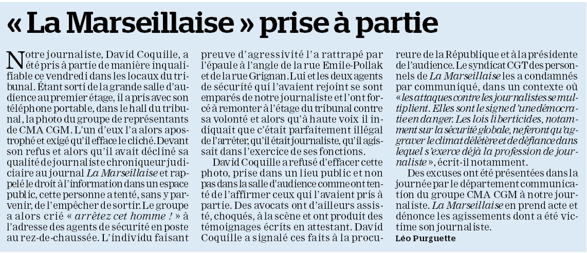 Agression inacceptable de notre collègue <a href="/DavidLaMars/">David Coquille</a> aujourd'hui. Total soutien à lui. On ne transige pas avec la liberté d'informer ! <a href="/lamarsweb/">La Marseillaise</a>
