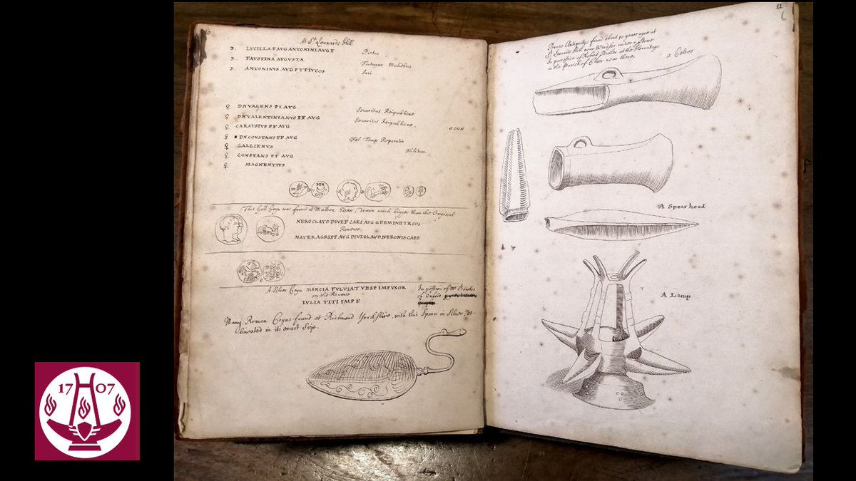 The  #lamp was apparently found 'under a stone' (in 1717-18) with a lot (a hoard?) of other artefacts, including Bronze Age, Iron Age and Roman items. This raises *questions*  #SocAntiquaries 15/