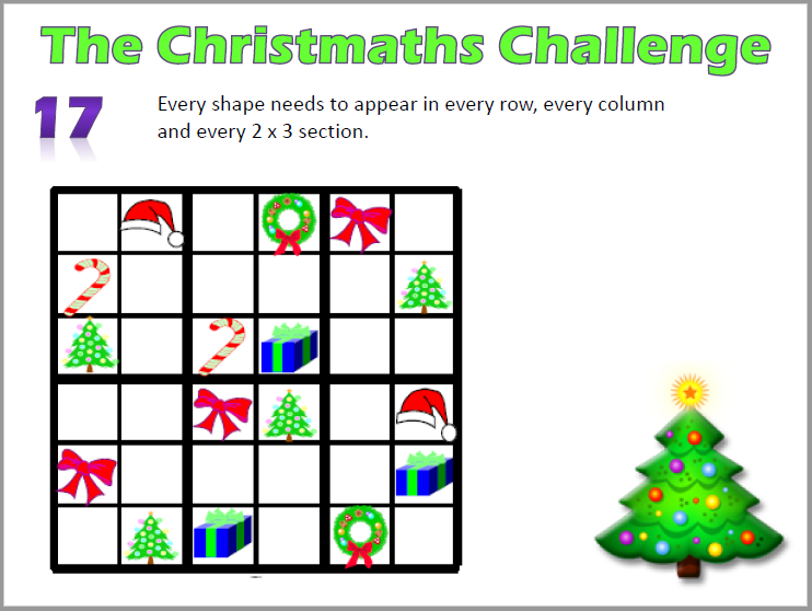 GES_MathsandCS's tweet photo. #ChristMATHS Challenge Day 17- Like a sudoku, but not... Can you work out where each symbol is meant to be?
#mathsadvent #mathsquiz #quizMATHS
@GeorgeEliotSch https://t.co/x2pjc6AqtF