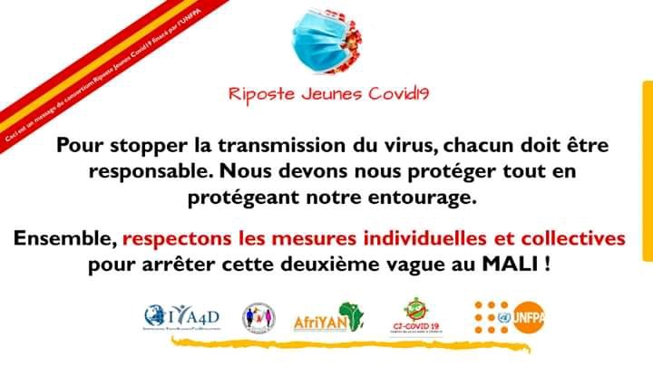 #RiposteJeunesCOVID19
Se protéger, c'est protéger les autres. Adoptons les comportements responsables face au Covid19 
<a href="/renajem/">RENAJEM</a>
<a href="/Iya4D/">IYA4D</a>
<a href="/CjCovid/">CJ COVID-19 🇲🇱</a>
<a href="/MaliAfriyan/">AfriYAN Mali</a> 
@Unfpamali

Cellule de Communication