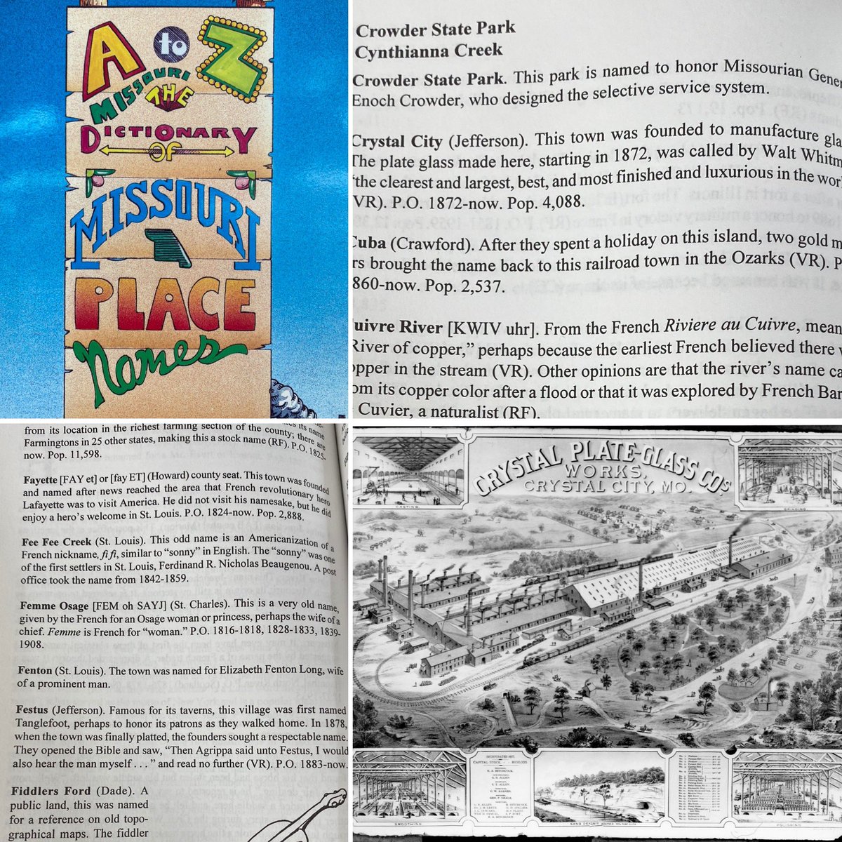 HistTanglefoot's tweet photo. In the 1996 publication, A to Z Missouri: Dictionary of Missouri Place Names,
Crystal City "was founded to manufacture glass. The plate glass made here, starting in 1872, was called by Walt Whitman 'the clearest and largest, best, and most finished and luxurious in the world.'" https://t.co/yjDNokHChc