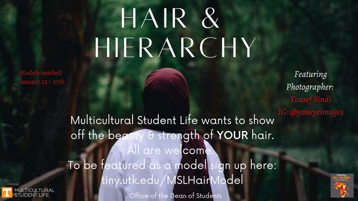 MSL_UTK's tweet image. Join us for our first Diversity Dialogue of 2021: Hair &amp;amp; Hierarchy! This will be a two part event. Students- sign up at tiny.utk.edu/MSLHairModel to be featured in our gallery and get some free headshots! UT community, don't miss the gallery opening &amp;amp; dialogue 2/11/21
