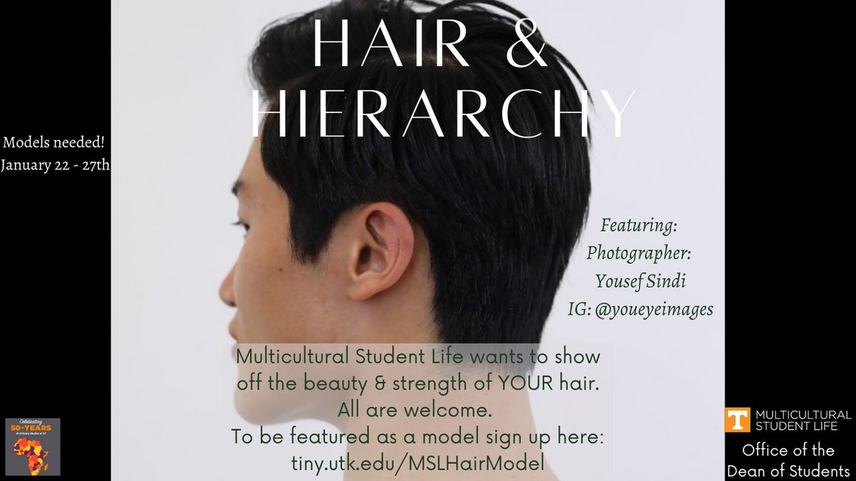 MSL_UTK's tweet image. Join us for our first Diversity Dialogue of 2021: Hair &amp;amp; Hierarchy! This will be a two part event. Students- sign up at tiny.utk.edu/MSLHairModel to be featured in our gallery and get some free headshots! UT community, don't miss the gallery opening &amp;amp; dialogue 2/11/21