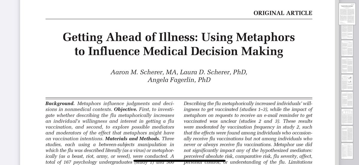 I never cease to be amazed by the power of metaphor to shift attitudes/ behaviours on all sorts of things. See this paper here.👇Describing flu through metaphor (especially flu=beast) increases people’s willingness to be vaccinated. Implications for COVID comms?