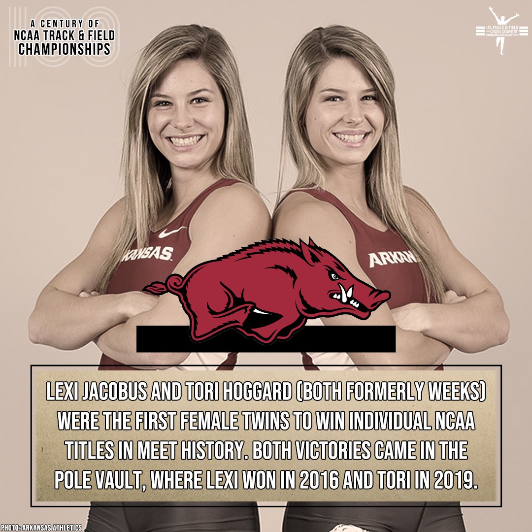 USTFCCCA's tweet image. Let's throw it back, in honor of #NationalTwinDay, to August 8, when we profiled the talented @RazorbackTF duo of Lexi Jacobus &amp;amp; Tori Hoggard!

Lexi &amp;amp; Tori both finished in the top-8 in 5 of 8 NCAA meets!

#NCAATF x #TheCentury

👇 LEARN MORE 👇

📄 bit.ly/3hS3C3v