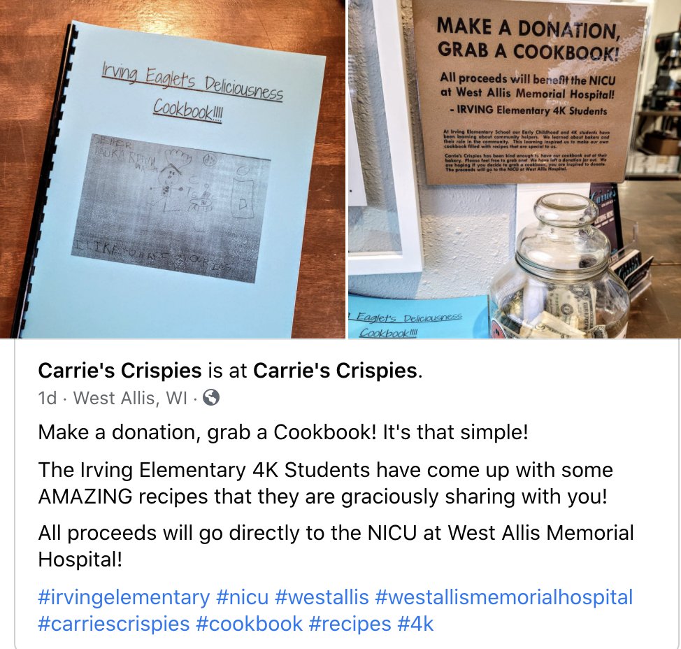 Our Irving Eaglets made a connection with a local baker! The students and families shared their favorite recipes and created a cookbook available at Carrie's Crispies. Together with Carrie's Crispies, the students will create their own flavor of tasty treats!  #wawmproud