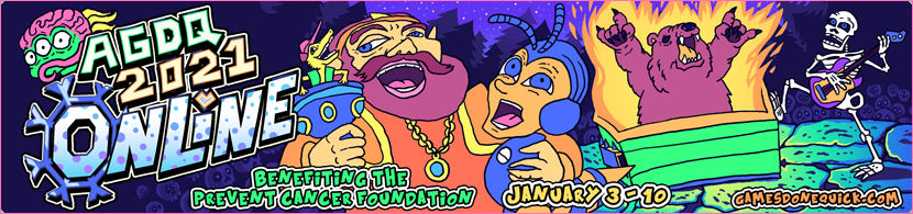AGDQ2021 Banner: Awful Block, Wand of Gamelon, epic dumpster bear, and more wonderful games!