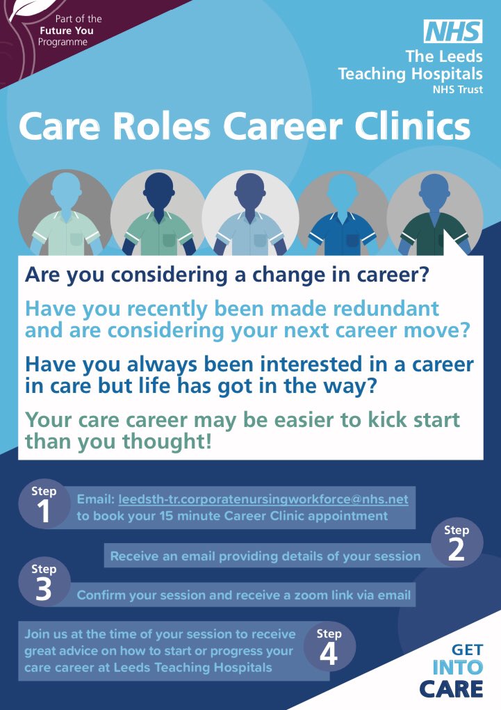 Wanting to get into care but unsure which route is best for you? Come and book onto our next Career Clinic on Tuesday 9th Feb 9.30am-11.30am where we can offer advise on the right career path for you! #getintocare @LeedsHospitals @lthtwande