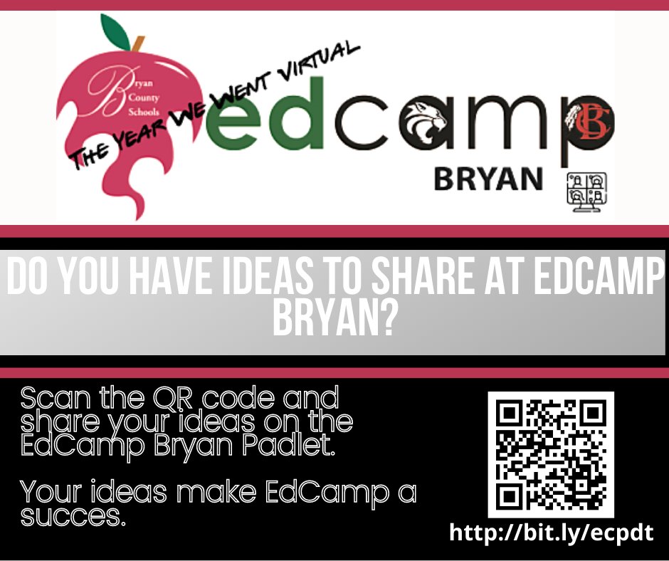 Do you have ideas to share at EdCamp Bryan?  Share your ideas for an EdCamp sesssion - bit.ly/ecpdt
Your ideas and expertise are what makes EdCamp a SUCCESS! Help us make EdCamp Bryan 2021 the best yet! #EdCamp #edcampbryan2021