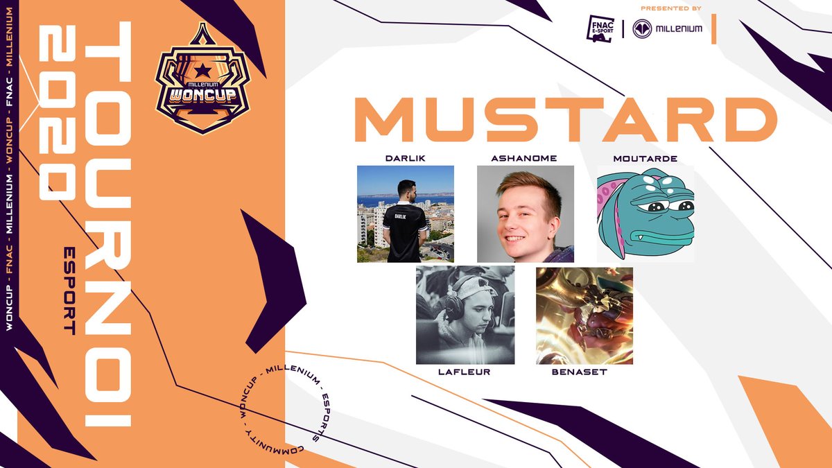 woncup's tweet image. Fraîchement qualifier le week-end dernier, les MUSTARD vont-ils enchaîner et remporter la WONCUP @MilleniumEQT x @Fnac  ? 

🤖 @Darliklol 
🌲 @Ashakhey 
⚔️ @Moutardelol 
🏹 @LaFleur1337 
🛡️ @Benbenaset 

📌 La réponse demain à partir de 14h00 sur twitch.tv/vongurutv