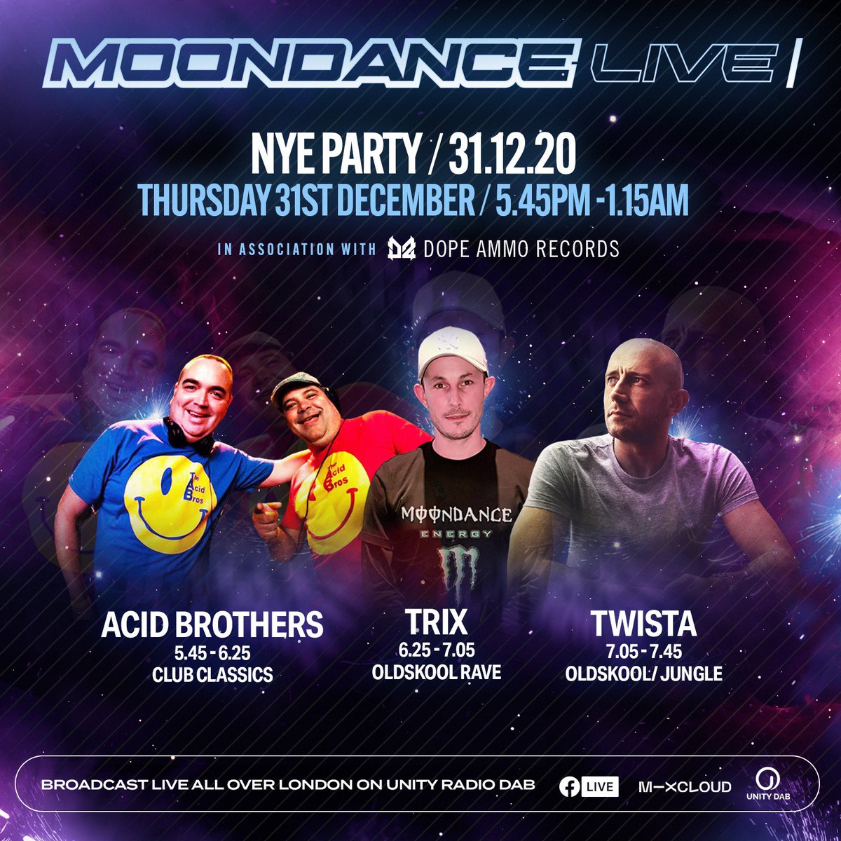 Calling all the kitchen and Front-room ravers! Moondance and Dope Ammo are holding one hell of party to put 2020 behind us in the best possible way. Join your Moondance family favourites - Acid Brothers, Trix and Twista for a this massive NYE blow out.