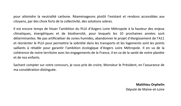 M_Orphelin's tweet photo. L'enquête publique sur la révision du #PLUi d'@AngersAgglo se termine. Retrouvez ma contribution⤵️
❌Supprimer 54 ha de zones humides "à urbaniser"
❌Abandon élargissement A11
❌Réorienter solutions logements &amp;mobilité
➡️Hissons l'ambition pr être conforme avec les obj nationaux! https://t.co/AYDHecsn2r