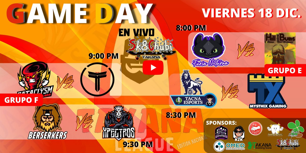 LeagueTakana's tweet photo. #TakanaLeague | #ComunidadPeruanaCR
⚔GAMEDAY | #3Fecha
📢Los grupos G - H definen quienes pasan a los PlayOff
📺 @Sk8ChubiCR
#GrupoG
@FURIA_NOCTURNA7 🆚 @bums_hill
@TacnaEsports 🆚 @mysthixgaming
#GrupoH
@Cataclysmtto 🆚 @TUV_GamingGG
@Notberserkers 🆚 @XpectrosCr https://t.co/jENIr2ORBu