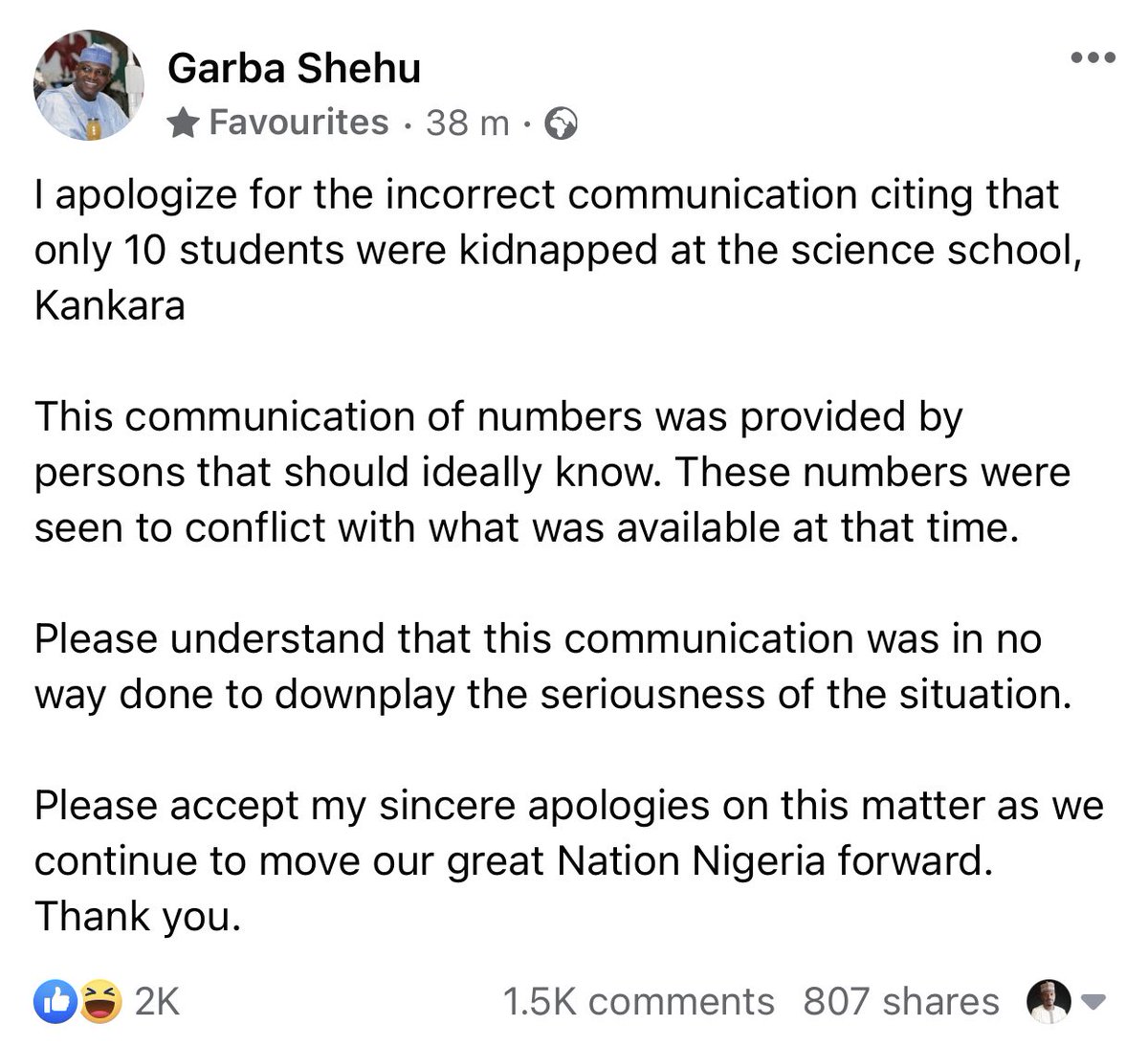 BashirAhmaad's tweet photo. Mallam @GarShehu has done an honorable thing by apologizing for the incorrect communication even though he made a clarification immediately after that BBC interview. The most important thing is that all the boys are back. https://t.co/XwKfLsAqib