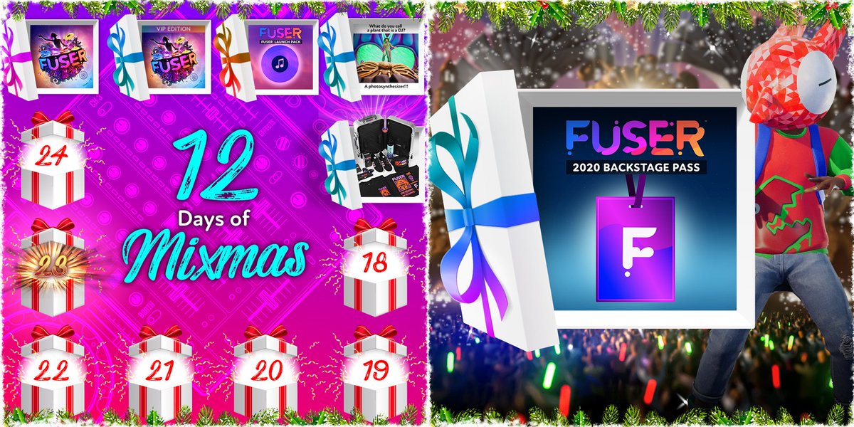 FUSERgame's tweet photo. Take a peek backstage on #12DaysOfMixmas DAY 6! You could win a #FUSER 2020 Backstage Pass and get presents all year. 🎁 Enter here! https://t.co/E0NbDV2vvi #PlayFUSER https://t.co/VgSG11tdAN