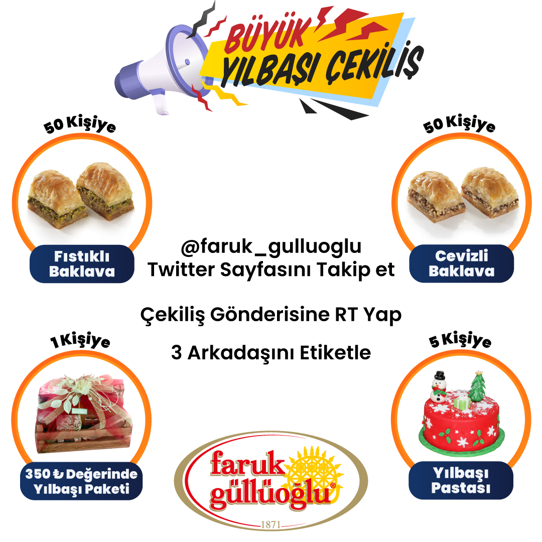Faruk Güllüoğlu Büyük Yılbaşı Çekilişi Başladı 🥳

Çekiliş Katılım Şartları ;
➡️<a href="/faruk_gulluoglu/">Faruk Güllüoğlu</a> Twitter Sayfasını Takip Et
➡️ Bu Gönderiyi RT Yap
➡️ 3 Arkadaşını Etiketle

⚠️ Çekilişimiz 26 Aralık Günü Sonlanacaktır.
❤️ BOL ŞANS

#FarukGüllüoğlu #Yılbaşı #Çekiliş