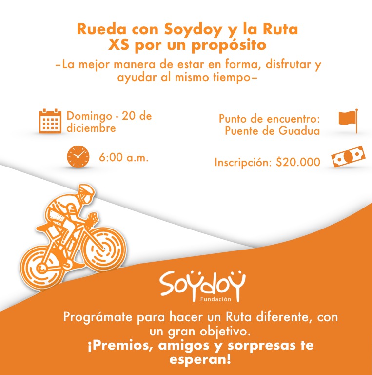 Soydoy's tweet photo. Hoy damos gracias a @RUTAXS  y a todos los que participarán este domingo 20 de dic. en su ruta de ciclismo🚴‍♀️🚴‍♂️🚴 ya que el 5% de las inscripciones será destinada a apoyar la seguridad alimentaria de los niños y niñas de Bogotá y la Sierra Nevada de Santa Marta ¡Rueda con #Soydoy! https://t.co/feDhQdr6YB