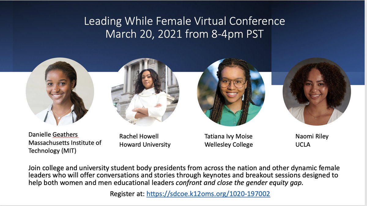 CherylHibbeln's tweet photo. Four incredible student body leaders from colleges and universities across the nation will discuss "Leading While Female" at the virtual conference on March 20, 2021. https://t.co/d7STnYu0Px @DrStacieStanley @SoCalPDF @Wellesley @UCLA @mres @MIT @DoTheHowardWalk @KamalaHarris https://t.co/b1EytGiRhF