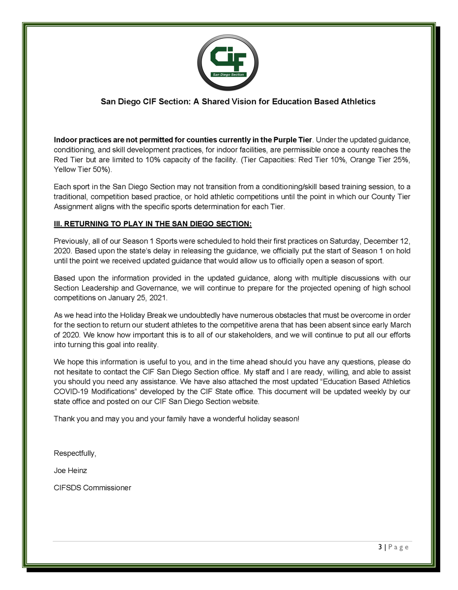 cifsds's tweet photo. Update from the @CIFSDS Commissioner Joe Heinz regarding the updated CDPH guidelines released this week.  See the full memo at https://t.co/XyoqTqxPNt https://t.co/CF83Wt31VJ