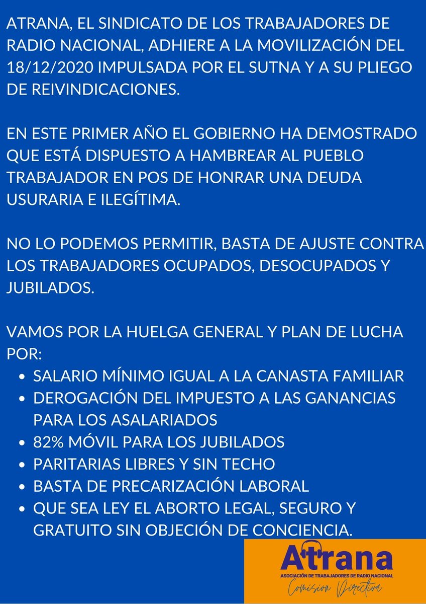 Atrana_RNA's tweet photo. Hoy se marcha!  Del Obelisco a Congreso por la huelga general y plan de lucha por todas nuestras demandas! https://t.co/kVUUupoCMo