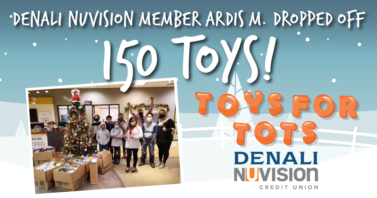 DenaliFCU's tweet photo. We want to thank Denali Nuvision member Ardis M. &amp; her 12-year-old daughter Adalya who together with her family raised money to buy 150 toys for our Toys For Tots drive! Thank you to this wonderful family for donating so generously during such a hard time for people! https://t.co/SinTAVszLO